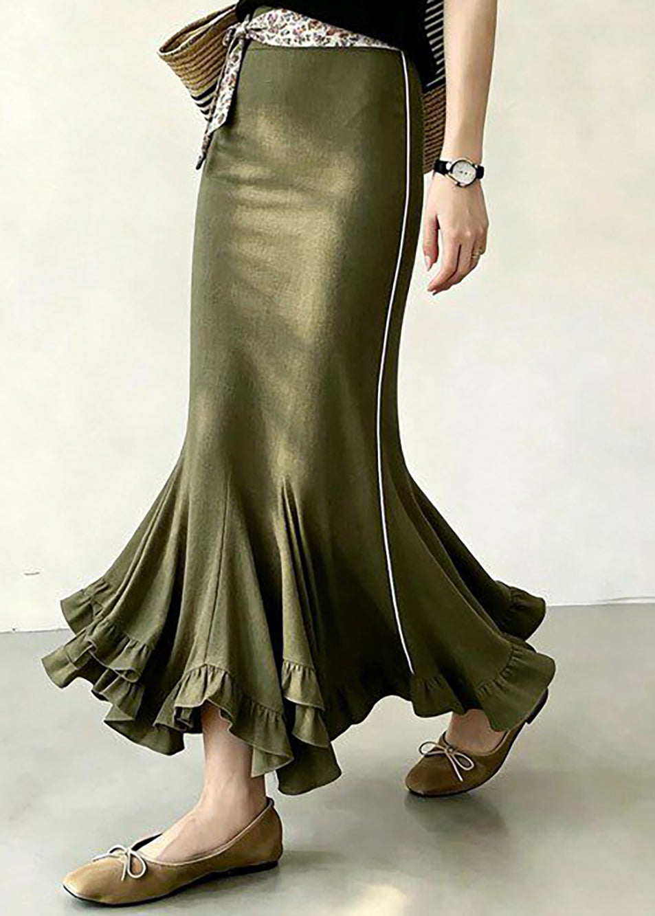 Stylish Army Green High Waist Side Stripe Ruffled Mermaid Skirts Fall