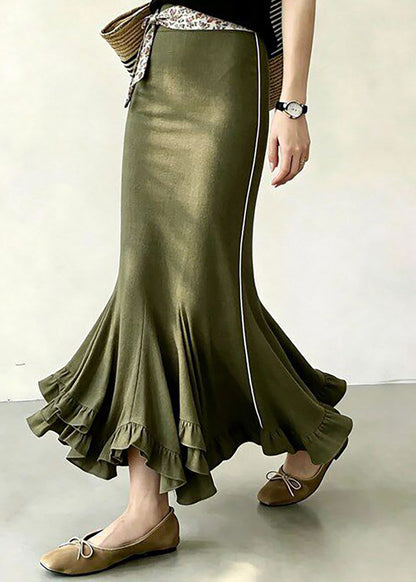 Stylish Army Green High Waist Side Stripe Ruffled Mermaid Skirts Fall