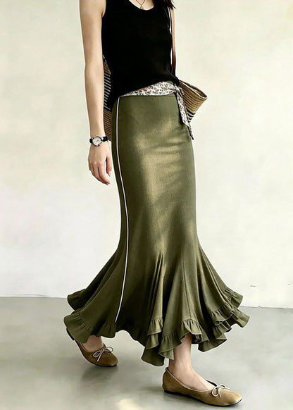 Stylish Army Green High Waist Side Stripe Ruffled Mermaid Skirts Fall