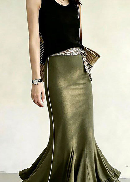 Stylish Army Green High Waist Side Stripe Ruffled Mermaid Skirts Fall