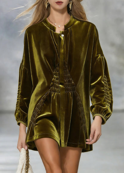 Stylish Army Green Oversized Wrinkled Silk Velour Shirt Spring