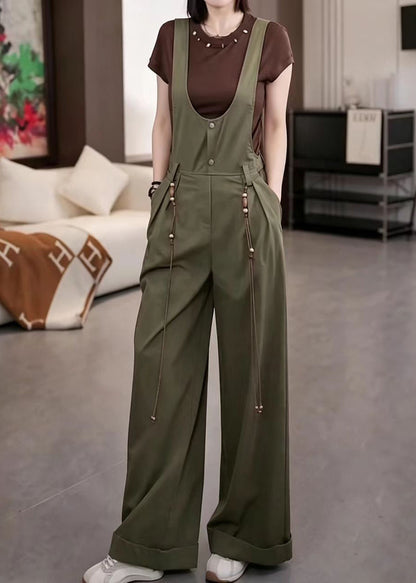 Stylish Army Green U Neck Pockets Overalls Jumpsuit  Fall