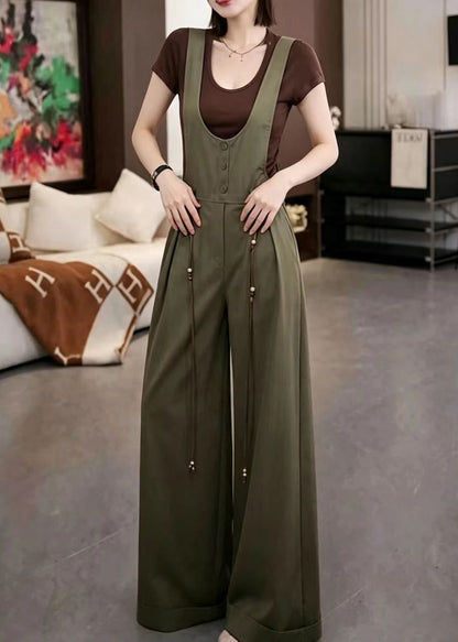 Stylish Army Green U Neck Pockets Overalls Jumpsuit  Fall