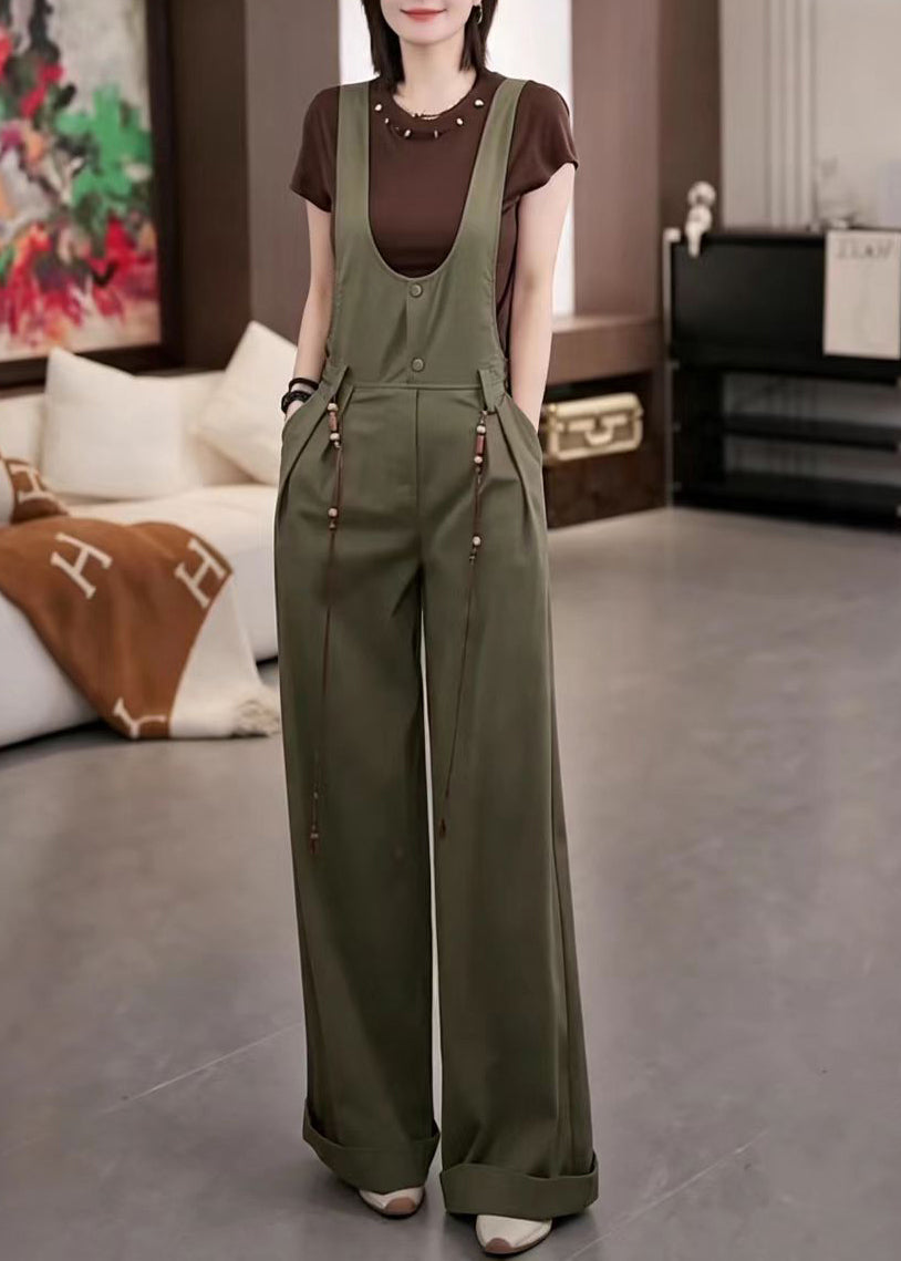 Stylish Army Green U Neck Pockets Overalls Jumpsuit  Fall