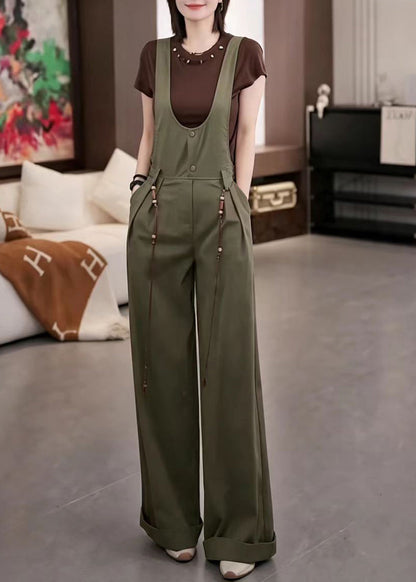 Stylish Army Green U Neck Pockets Overalls Jumpsuit  Fall