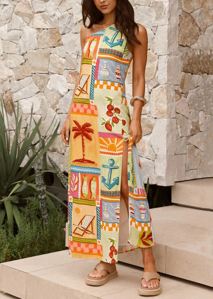 Stylish Asymmetrical Print Side Open Linen Vacation Dresses Sleeveless