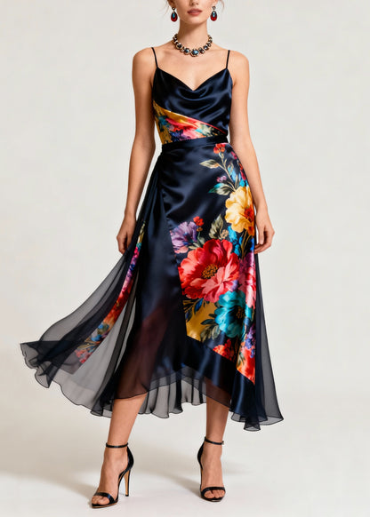 Stylish Asymmetrical Print Silk Spaghetti Strap Dresses Summer