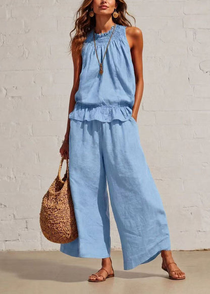 Stylish Baby Blue Cold Shoulder Cotton Two Pieces Set Summer