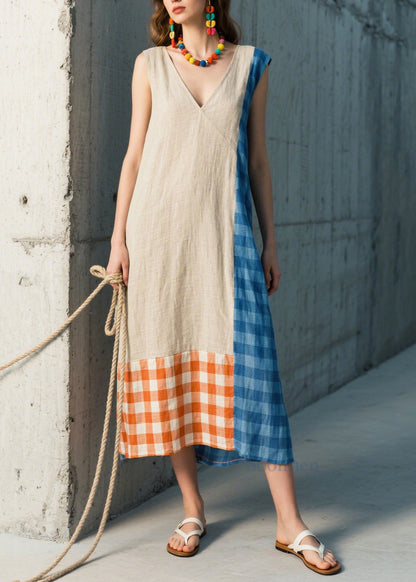 Stylish Beige Asymmetrical Patchwork Plaid Linen Straight Dresses Sleeveless