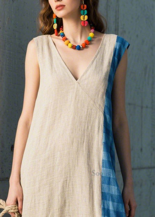 Stylish Beige Asymmetrical Patchwork Plaid Linen Straight Dresses Sleeveless