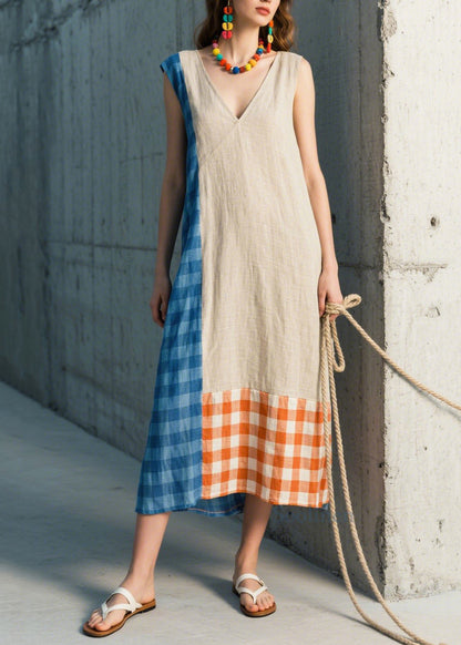 Stylish Beige Asymmetrical Patchwork Plaid Linen Straight Dresses Sleeveless