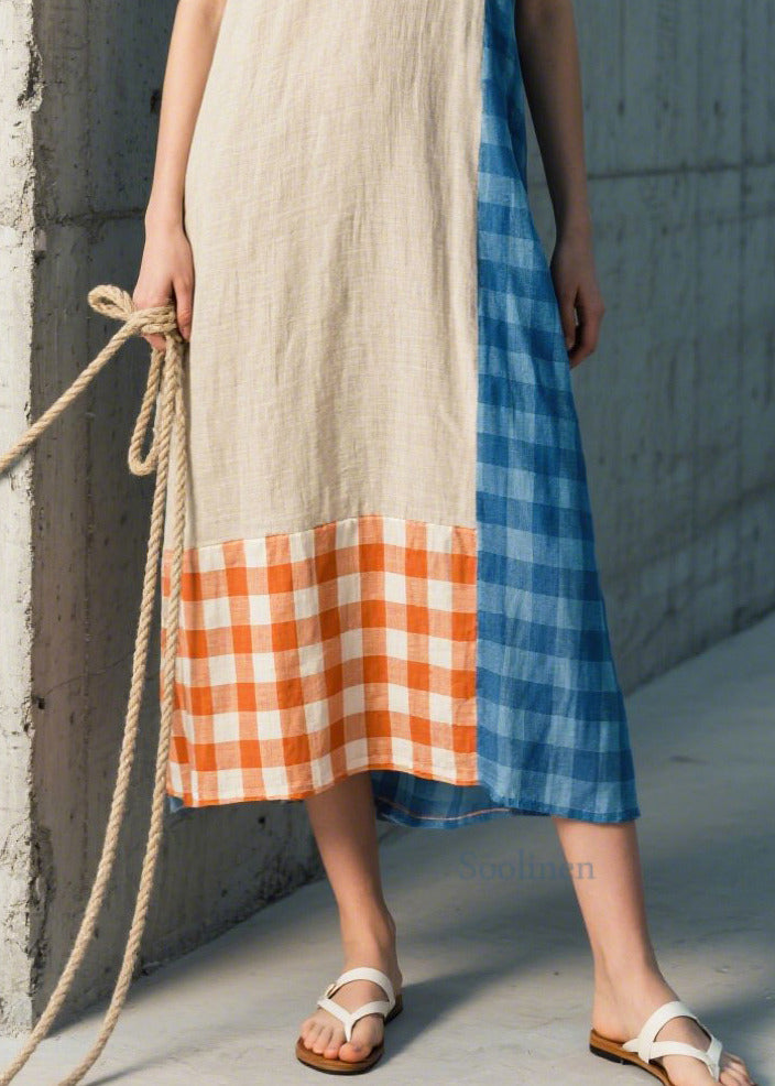 Stylish Beige Asymmetrical Patchwork Plaid Linen Straight Dresses Sleeveless