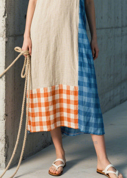Stylish Beige Asymmetrical Patchwork Plaid Linen Straight Dresses Sleeveless