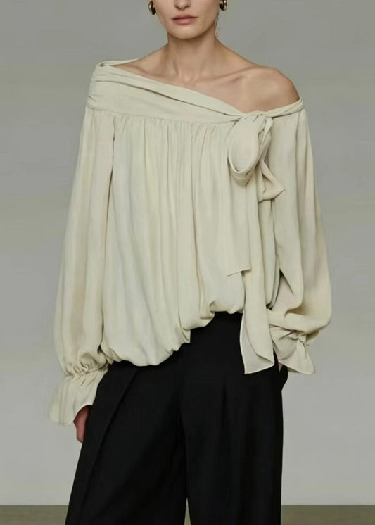 Stylish Beige Cold Shoulder Wrinkled Chiffon Shirt Tops Summer