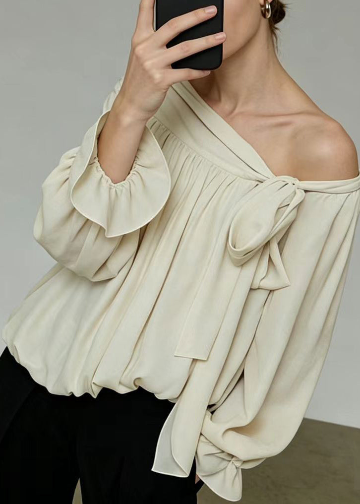 Stylish Beige Cold Shoulder Wrinkled Chiffon Shirt Tops Summer