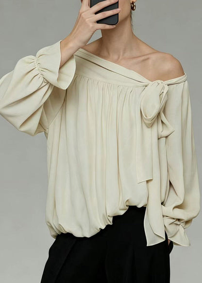 Stylish Beige Cold Shoulder Wrinkled Chiffon Shirt Tops Summer