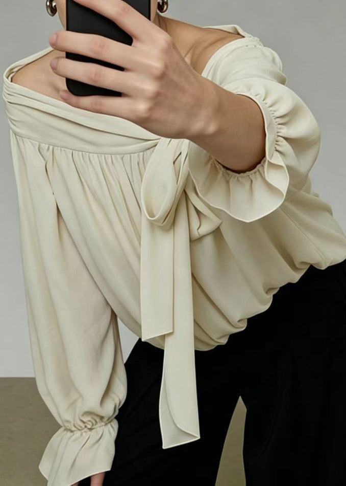Stylish Beige Cold Shoulder Wrinkled Chiffon Shirt Tops Summer