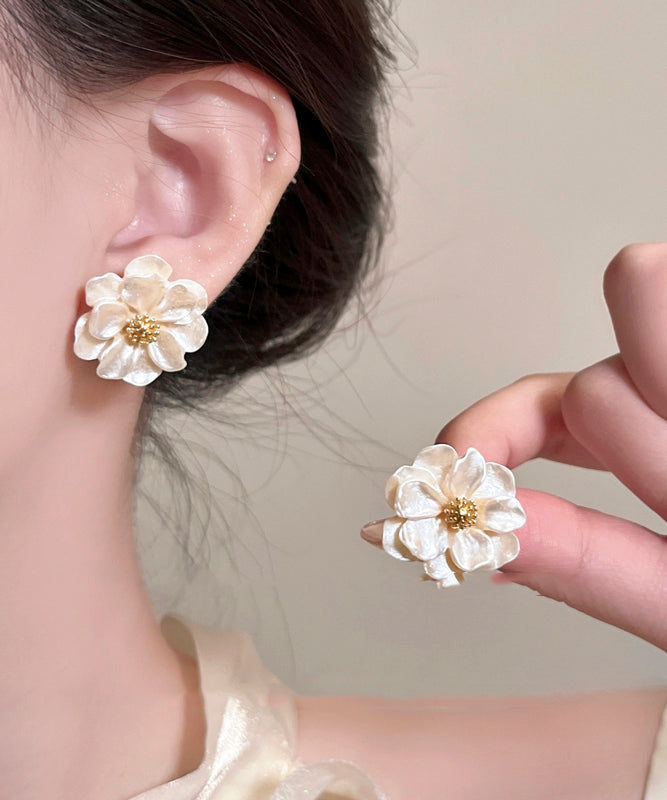 Stylish Beige Copper Alloy Acrylic Floral Stud Earrings