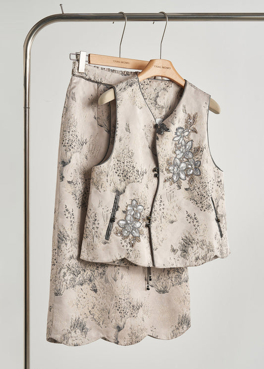 Stylish Beige Embroidered Jacquard Cotton Two Piece Set Fall