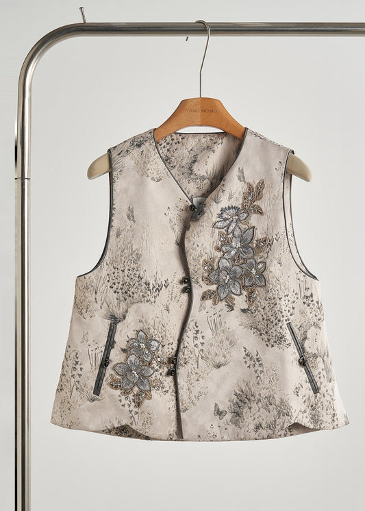 Stylish Beige Embroidered Jacquard Cotton Two Piece Set Fall