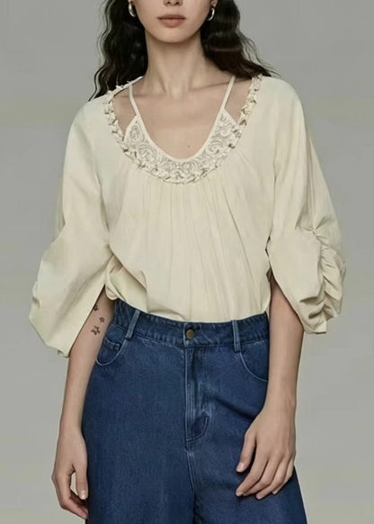Stylish Beige O-Neck Patchwork Cotton Top Summer