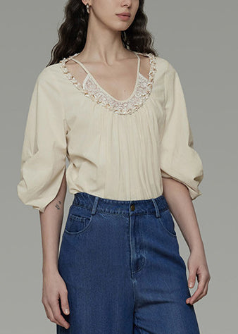Stylish Beige O-Neck Patchwork Cotton Top Summer