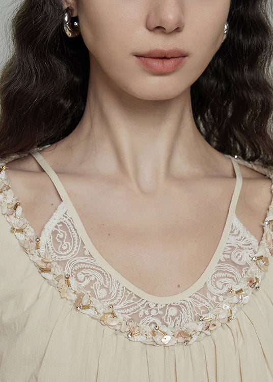 Stylish Beige O-Neck Patchwork Cotton Top Summer