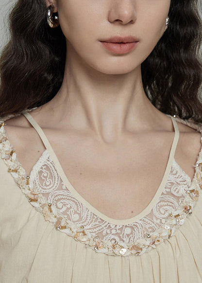 Stylish Beige O-Neck Patchwork Cotton Top Summer