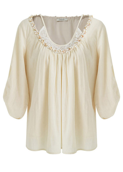 Stylish Beige O-Neck Patchwork Cotton Top Summer