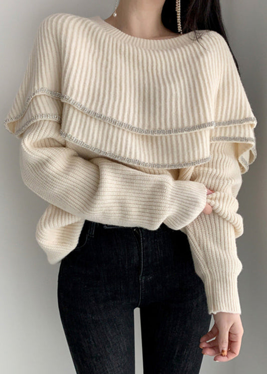 Stylish Beige O Neck Ruffled Cozy Knit Sweater Winter