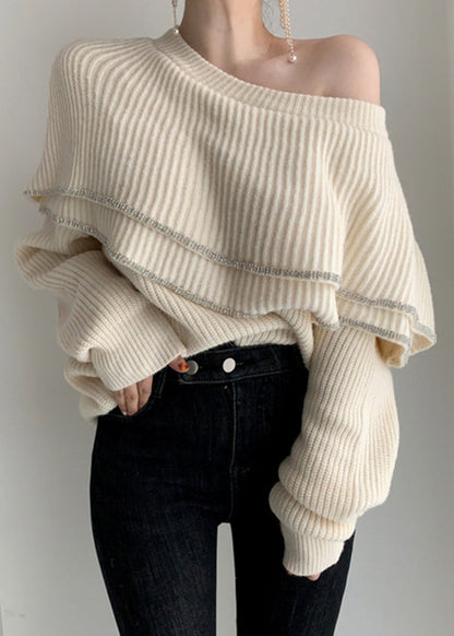 Stylish Beige O Neck Ruffled Cozy Knit Sweater Winter