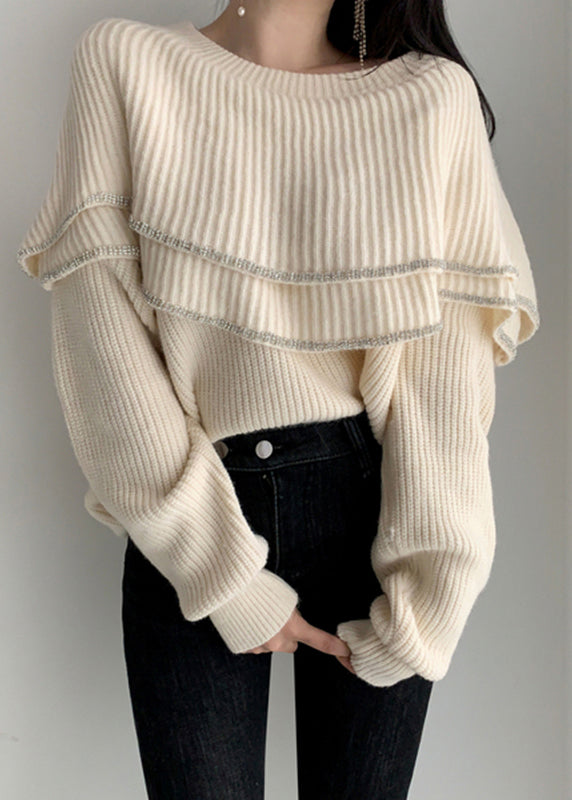 Stylish Beige O Neck Ruffled Cozy Knit Sweater Winter
