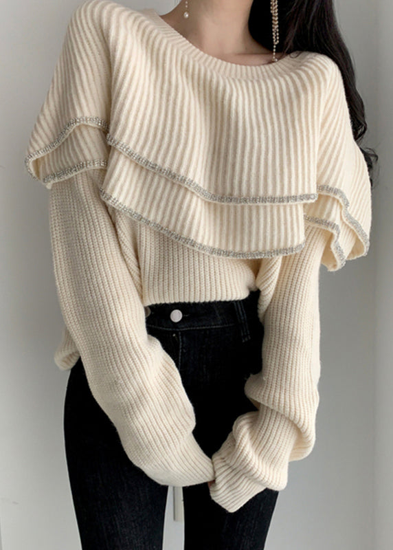 Stylish Beige O Neck Ruffled Cozy Knit Sweater Winter
