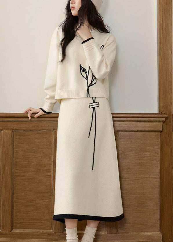 Stylish Beige O Neck Sweaters And Skirts Knit Two Pieces Set Spring