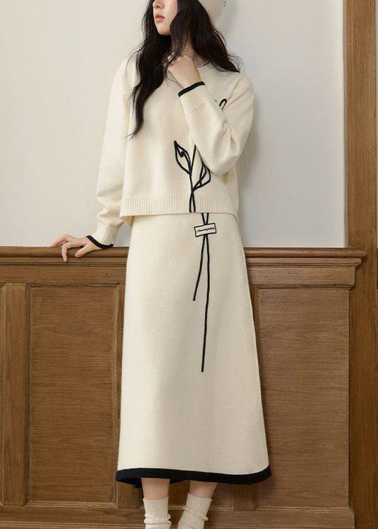 Stylish Beige O Neck Sweaters And Skirts Knit Two Pieces Set Spring