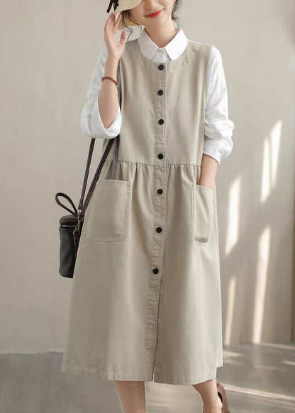 Stylish Beige Oversized Pockets Cotton Dress Sleeveless