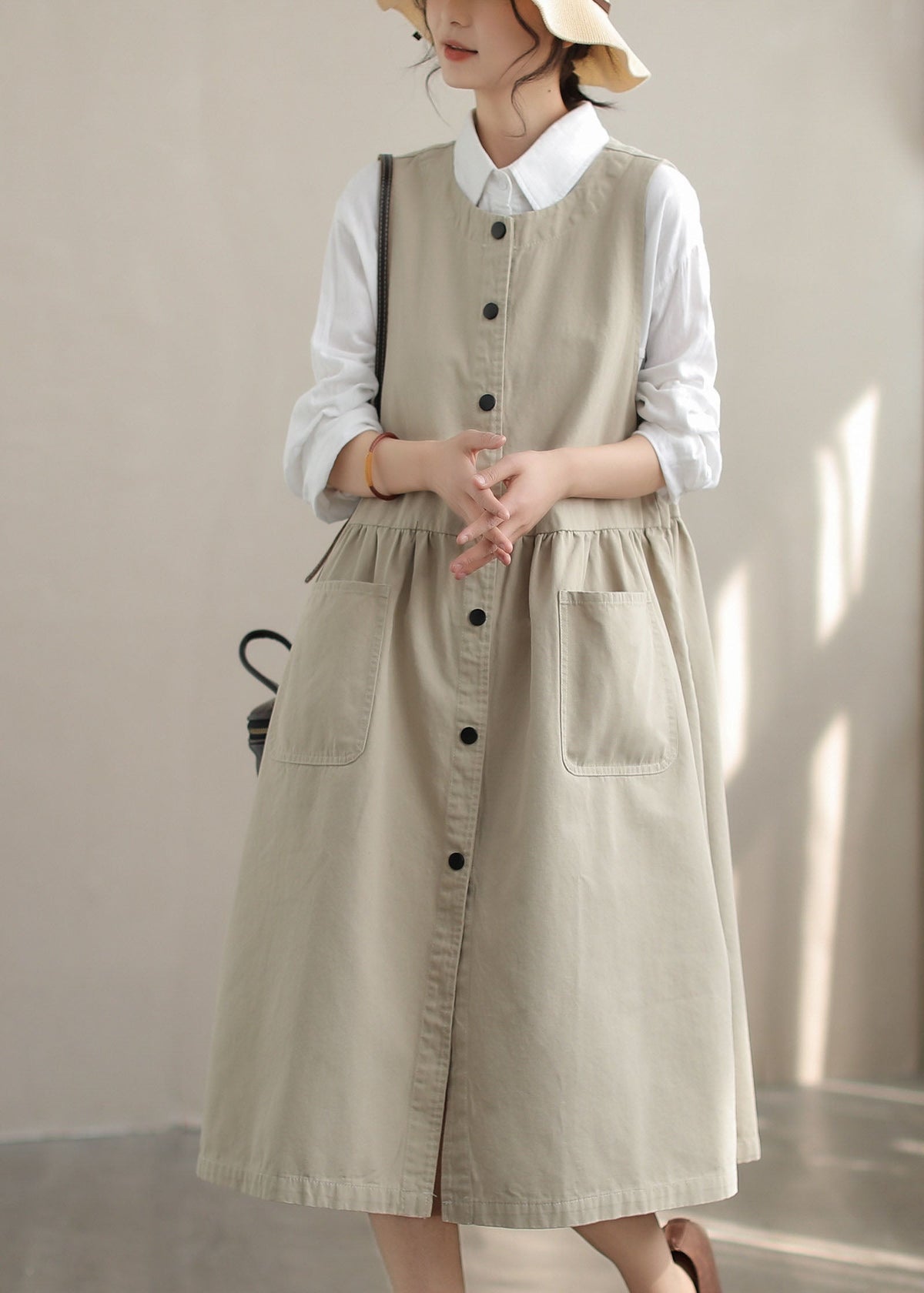 Stylish Beige Oversized Pockets Cotton Dress Sleeveless