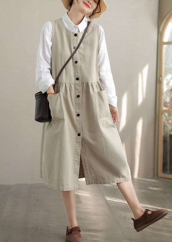 Stylish Beige Oversized Pockets Cotton Dress Sleeveless