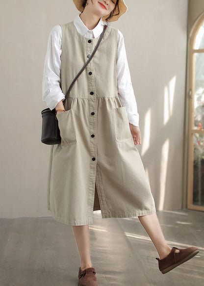Stylish Beige Oversized Pockets Cotton Dress Sleeveless
