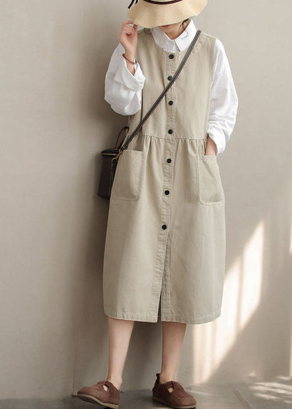 Stylish Beige Oversized Pockets Cotton Dress Sleeveless