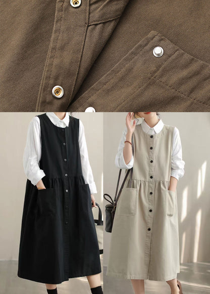 Stylish Beige Oversized Pockets Cotton Dress Sleeveless