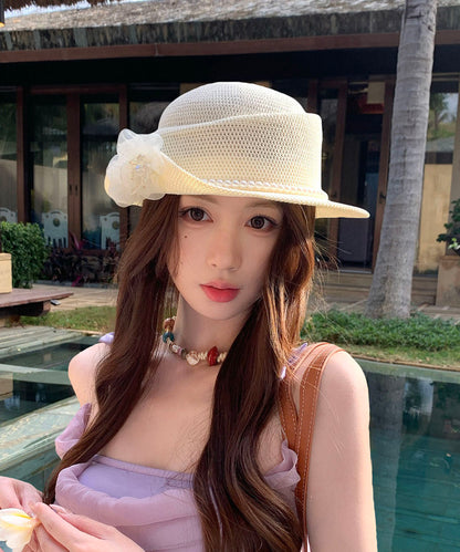 Stylish Beige Pearl Flower Hollow Straw Woven Bucket Hat
