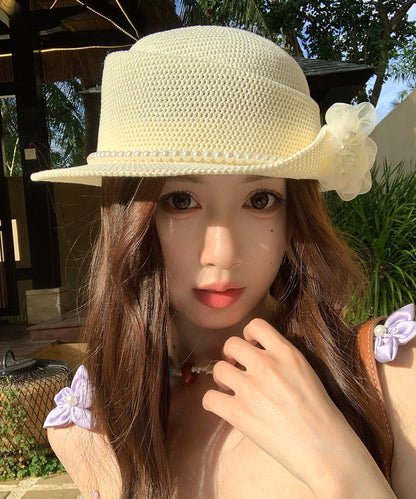 Stylish Beige Pearl Flower Hollow Straw Woven Bucket Hat