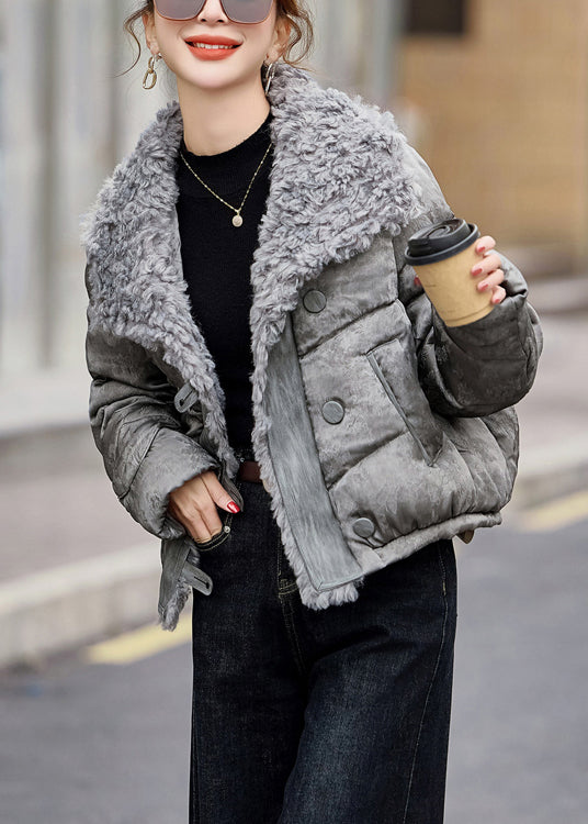 Stylish Beige Peter Pan Collar Fuzzy Fur Fluffy Duck Down Jackets Winter