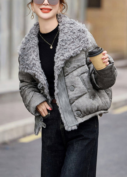 Stylish Beige Peter Pan Collar Fuzzy Fur Fluffy Duck Down Jackets Winter