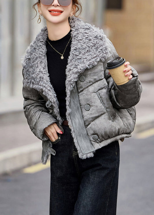 Stylish Beige Peter Pan Collar Fuzzy Fur Fluffy Duck Down Jackets Winter