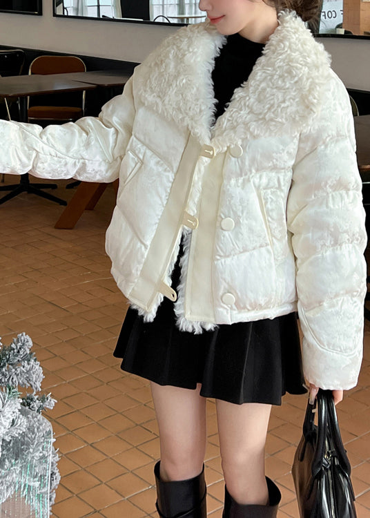 Stylish Beige Peter Pan Collar Fuzzy Fur Fluffy Duck Down Jackets Winter