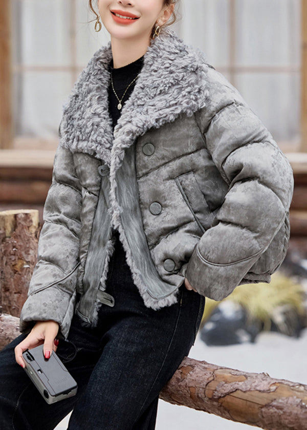 Stylish Beige Peter Pan Collar Fuzzy Fur Fluffy Duck Down Jackets Winter