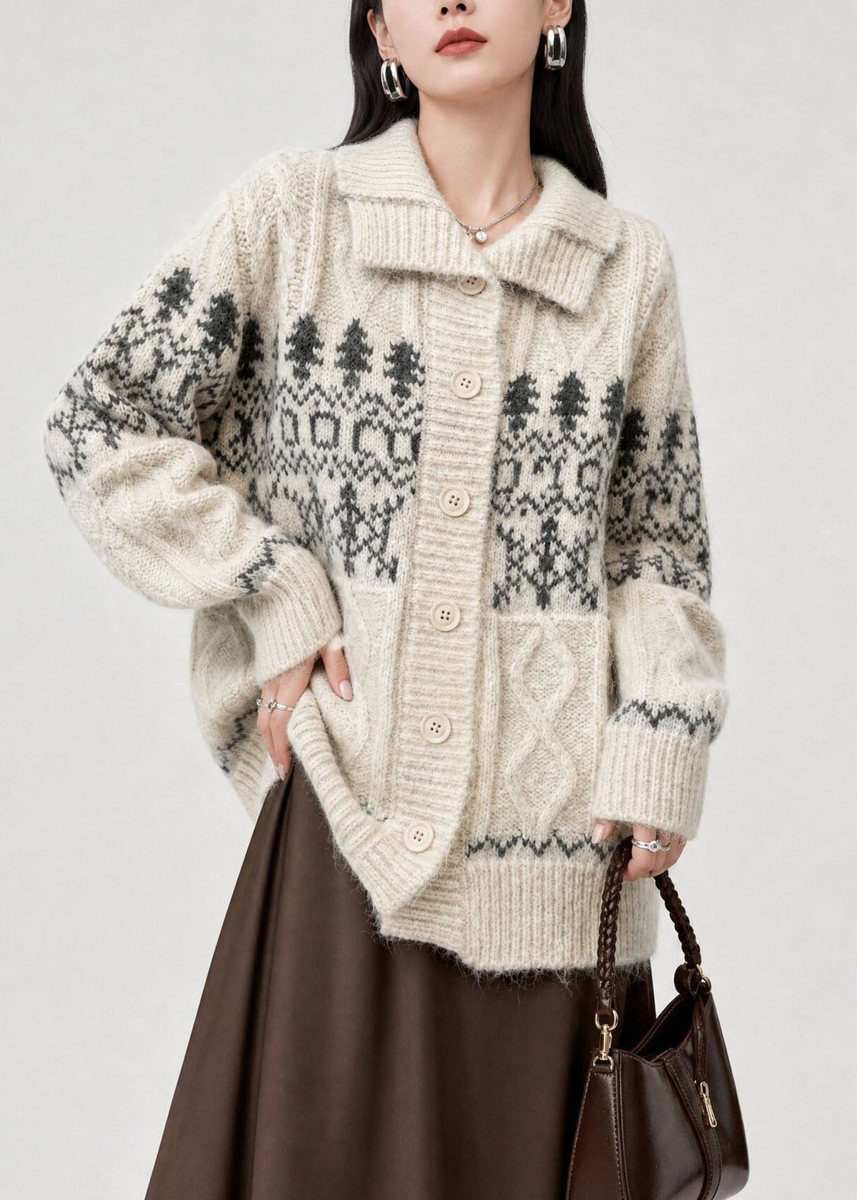 Stylish Beige Peter Pan Collar Jacquard Knit Cardigan Fall
