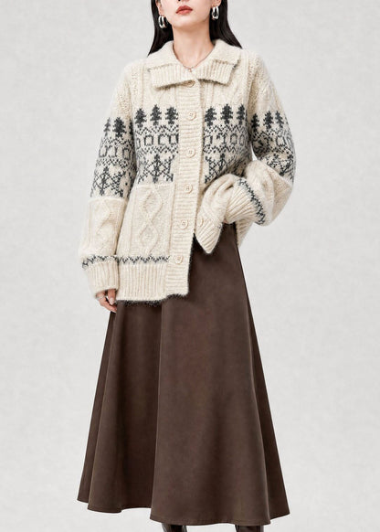 Stylish Beige Peter Pan Collar Jacquard Knit Cardigan Fall
